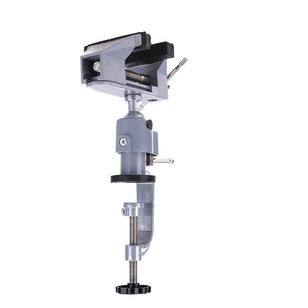 Table vise seen from the side with the jaws open, showing the grooved black jaw pads, locking lever and clamp knob