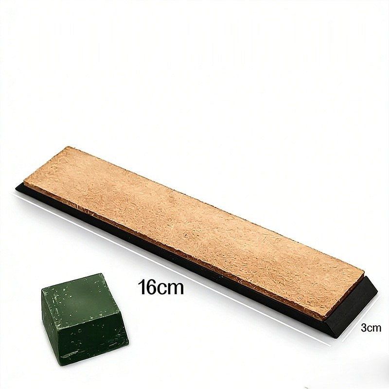 Leather strop 16 x 3 cm on a black base with one block of green compound, with size labels in cm