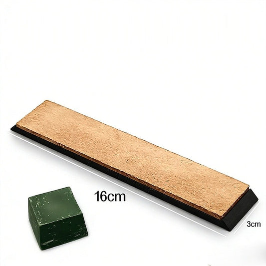 Leather strop 16 x 3 cm on a black base with one block of green compound, with size labels in cm
