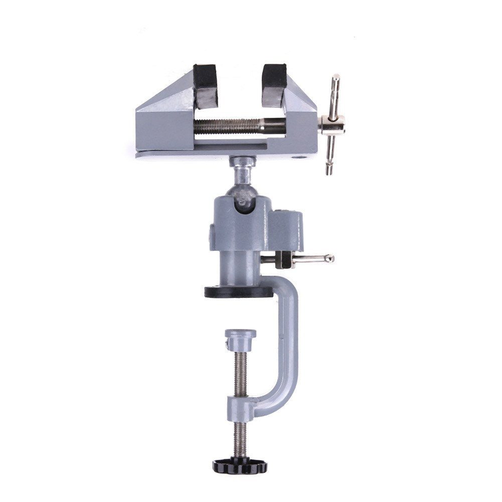 Grey metal table vise with black jaw pads, T-handle screw, ball-joint head and screw C-clamp, front view