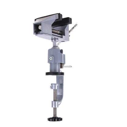 Table vise seen from the side with the jaws open, showing the grooved black jaw pads, locking lever and clamp knob