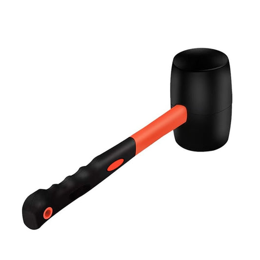 Small rubber mallet with a black barrel-shaped head, orange shaft and black grip with a hang hole