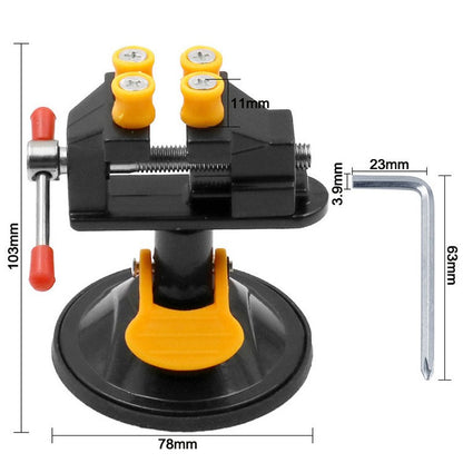Size diagram of the suction cup vise: 103 mm tall, 78 mm base, 11 mm jaw caps, beside a small L-shaped cross-head key
