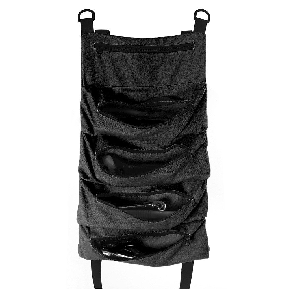 Black tool roll hanging open from two D-rings, with five zippered pockets; the tools shown are not included